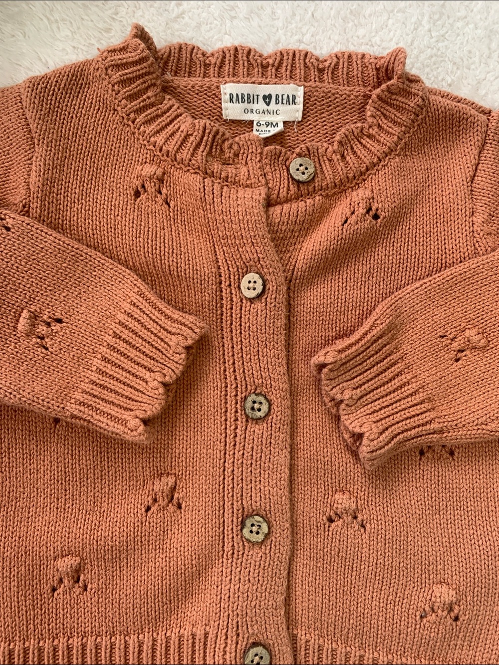 Rabbit + Bear Dusty Orange Cardigan Sweater 6-9M EUC Organic Cotton - Picture 4 of 8
